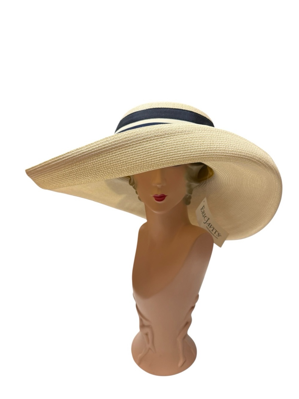NWT Eric Javits Wide-Brim White Straw Sun Hat with Navy Striped Band 16” - Picture 2 of 10